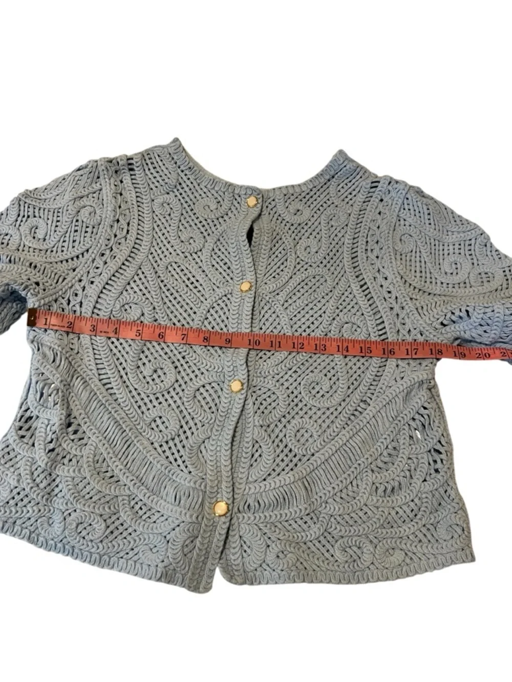 WHBM White House Black Market Blue Crochet Top Puff Sleeve Open Knit Cottagecore - Picture 8 of 14